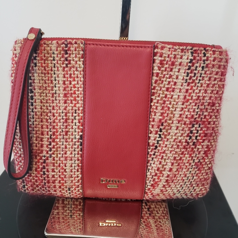 Dune London Women's Red White Tweed And Leather Wristlet-Clutch